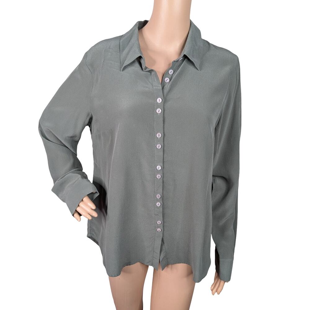 Soft Surroundings 100% Silk Chiffon Button Down Blouse Pale Sage Green Top M
